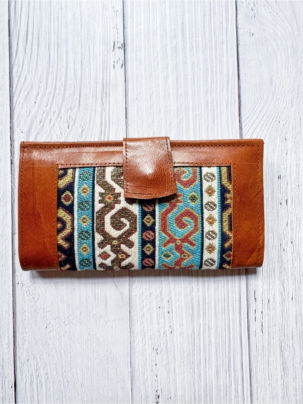 Vintage Leather & Kilim Woven Tapestry Long Wallet Snap Closure Bohemian Boho
